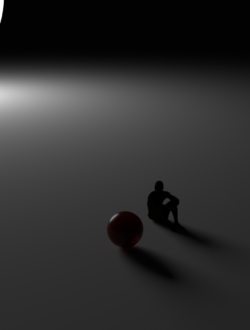 giant glowing sphere and a small red glossy sphere beside on a sitting man